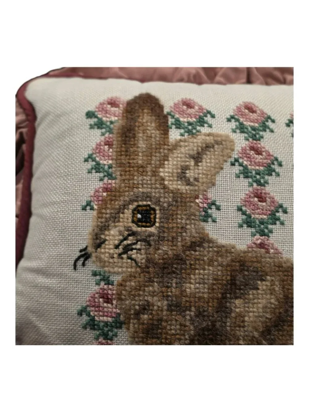 Vintage Bunny Rabbit Needlepoint Pillow Pink Ruffle Floral 10x10